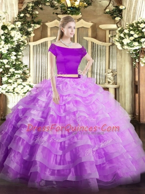 Captivating Off The Shoulder Short Sleeves Ball Gown Prom Dress Floor Length Appliques and Ruffled Layers Lilac Tulle
