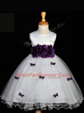 White Sleeveless Knee Length Appliques and Bowknot and Hand Made Flower Zipper Little Girls Pageant Gowns