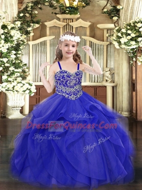 Unique Floor Length Blue Winning Pageant Gowns Tulle Sleeveless Beading and Ruffles
