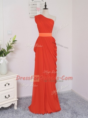 Floor Length Coral Red Quinceanera Court of Honor Dress One Shoulder Sleeveless Zipper