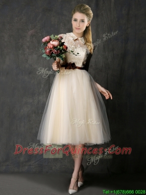 Luxurious High Neck Champagne Prom Dresses with Hand Made Flowers and Lace