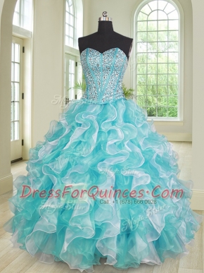 Floor Length Lace Up Quinceanera Gowns Blue And White for Military Ball and Sweet 16 and Quinceanera with Beading and Ruffles