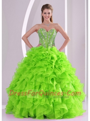 Sweetheart Beading and Ruffles Ball Gown Lace-up Organza Spring Quinceanera Dresses 2014