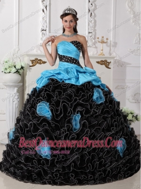 Blue and Black Ball Gown Sweetheart Floor-length Organza Beading and Rolling Flowers Quinceanera Dress