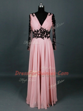 Amazing Pink V-neck Zipper Lace and Appliques Homecoming Dress Long Sleeves