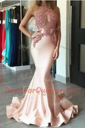 Mermaid Scoop Sleeveless Prom Dresses With Brush Train Beading Peach Chiffon