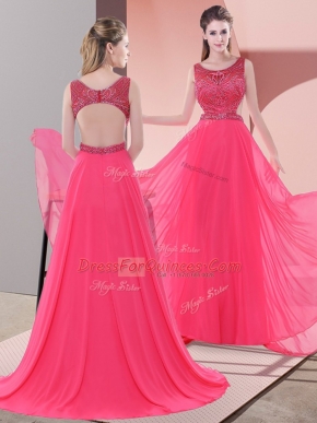 Coral Red Sleeveless Sweep Train Beading Prom Evening Gown
