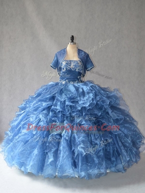 Delicate Organza Sweetheart Sleeveless Side Zipper Beading and Ruffles Sweet 16 Dresses in Blue