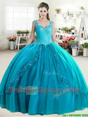 Elegant Straps Beaded and Applique Quinceanera Dress in Turquoise