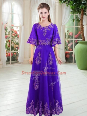 Top Selling Purple A-line Scoop Half Sleeves Tulle Floor Length Lace Up Lace Prom Party Dress