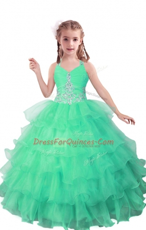 Fancy Sleeveless Zipper Floor Length Beading and Ruffled Layers Little Girl Pageant Dress