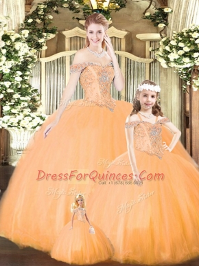 High Quality Floor Length Orange Quinceanera Dress Off The Shoulder Sleeveless Lace Up