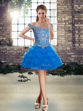 Mini Length Lace Up Juniors Party Dress Blue for Prom and Party with Beading and Pick Ups