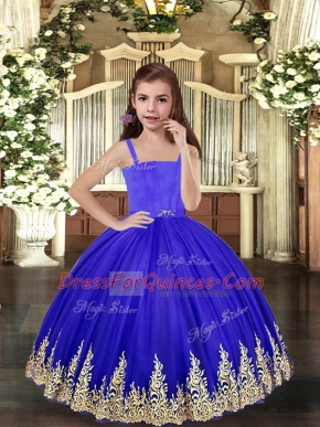 Customized Royal Blue Tulle Lace Up Straps Sleeveless Floor Length Pageant Gowns For Girls Embroidery