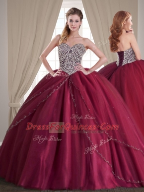 Graceful Burgundy 15 Quinceanera Dress Military Ball and Sweet 16 and Quinceanera and For with Beading Sweetheart Sleeveless Brush Train Lace Up