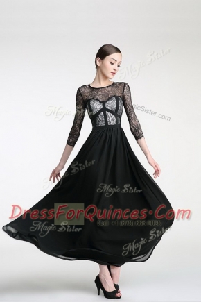 Black Column/Sheath Scoop 3 4 Length Sleeve Chiffon Ankle Length Zipper Lace Prom Evening Gown