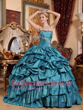 Teal Ball Gown Strapless Floor-length Taffeta Appliques and Pick-ups Quinceanera Dress