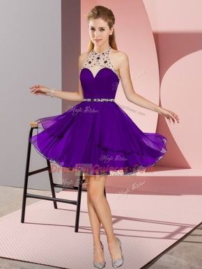 Best Selling Purple Zipper Prom Party Dress Beading Sleeveless Mini Length