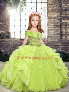 Fancy Yellow Green Sleeveless Organza Lace Up Little Girls Pageant Gowns for Party and Wedding Party