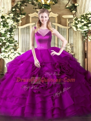 Fantastic Fuchsia Scoop Side Zipper Beading and Ruffled Layers Sweet 16 Dress Sleeveless