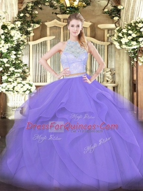 Custom Made Lace and Ruffles Quinceanera Dress Lavender Zipper Sleeveless Floor Length