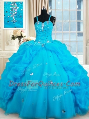 Straps Baby Blue Sleeveless Beading and Pick Ups Floor Length Sweet 16 Dress