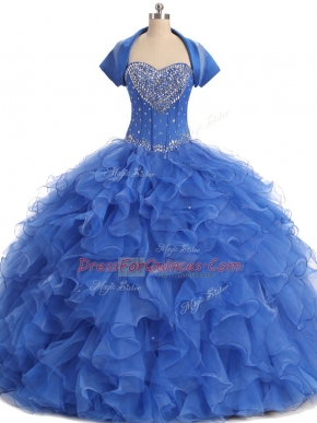 High Quality Blue Strapless Lace Up Beading and Ruffles Ball Gown Prom Dress Sleeveless