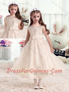 New Style Bateau Champagne Flower Little Girl Dress with Appliques