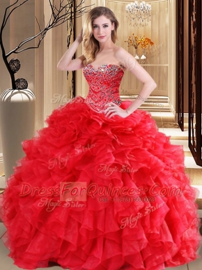 Sweetheart Sleeveless Sweet 16 Dresses Floor Length Beading and Ruffles Red Organza