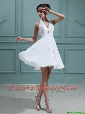 2016 Cheap Empire Halter Top White Prom Dresses with Beading