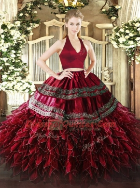 Wine Red Two Pieces Halter Top Sleeveless Organza Floor Length Zipper Appliques and Ruffles Ball Gown Prom Dress