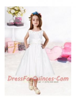 Romantic White Scoop Tea-length Hand Made Flowers Flower Girl Dresses