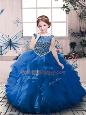 Sleeveless Organza Floor Length Zipper Little Girl Pageant Gowns in Blue with Beading and Ruffles