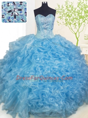 Customized Floor Length Baby Blue 15 Quinceanera Dress Organza Sleeveless Beading and Ruffles and Pick Ups