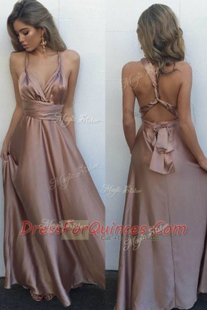 Stylish Pink Sleeveless Floor Length Pleated Criss Cross