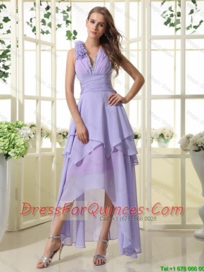 Pretty Empire V Neck Prom Dresses with High Low in Lavender