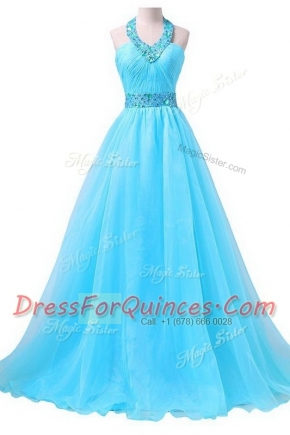 Exquisite Halter Top Aqua Blue Chiffon Lace Up Prom Gown Sleeveless Floor Length Beading and Belt