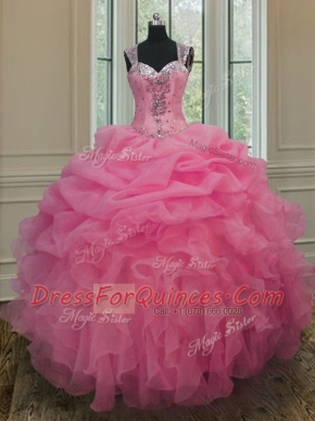 Straps Sleeveless Beading and Ruffles Zipper Quinceanera Gown