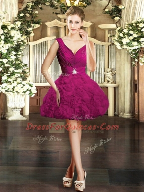 Fuchsia Prom Gown Prom and Party with Beading V-neck Sleeveless Backless