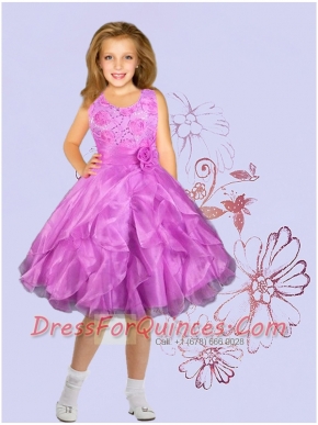 Lilac Organza Scoop A-Line Flower Girl Dress with Ruffles