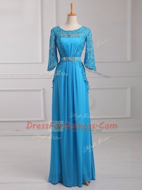 Floor Length Empire 3 4 Length Sleeve Baby Blue Dress for Prom Zipper