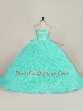 Aqua Blue Sweet 16 Dresses Fabric With Rolling Flowers Court Train Sleeveless Beading and Ruffles