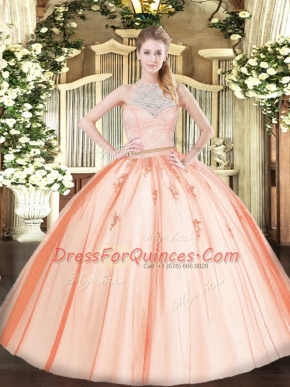 Scoop Sleeveless Zipper Quinceanera Gowns Orange Tulle