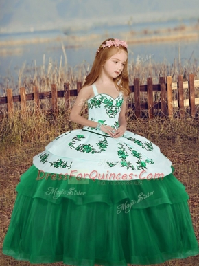 High Class Dark Green Ball Gowns Tulle Straps Sleeveless Embroidery Floor Length Lace Up Little Girls Pageant Dress