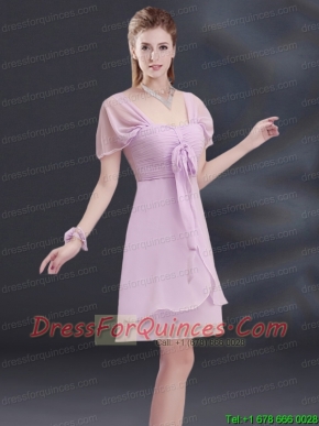 A Line Square Ruhing Prom Dress with Cap Sleeves