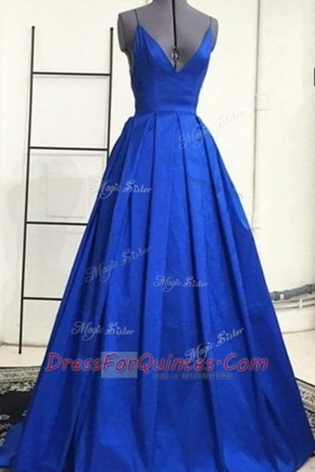 Royal Blue Sleeveless Satin Sweep Train Criss Cross Prom Dresses for Prom