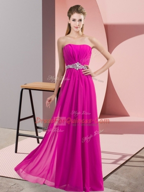 Sleeveless Chiffon Floor Length Lace Up Homecoming Dress in Fuchsia with Beading