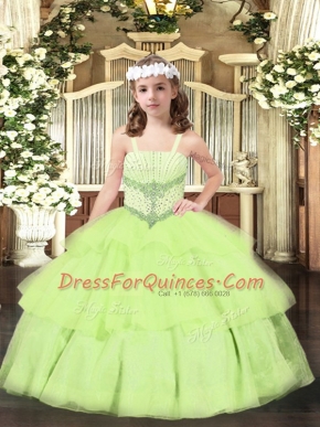 Fantastic Beading and Ruffled Layers Little Girl Pageant Dress Yellow Green Lace Up Sleeveless Floor Length