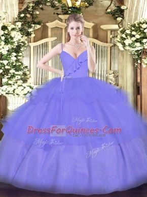 Graceful Lavender Ball Gowns Spaghetti Straps Sleeveless Organza Floor Length Zipper Ruffled Layers Ball Gown Prom Dress