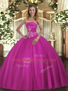 Dramatic Tulle Strapless Sleeveless Lace Up Beading Sweet 16 Quinceanera Dress in Fuchsia